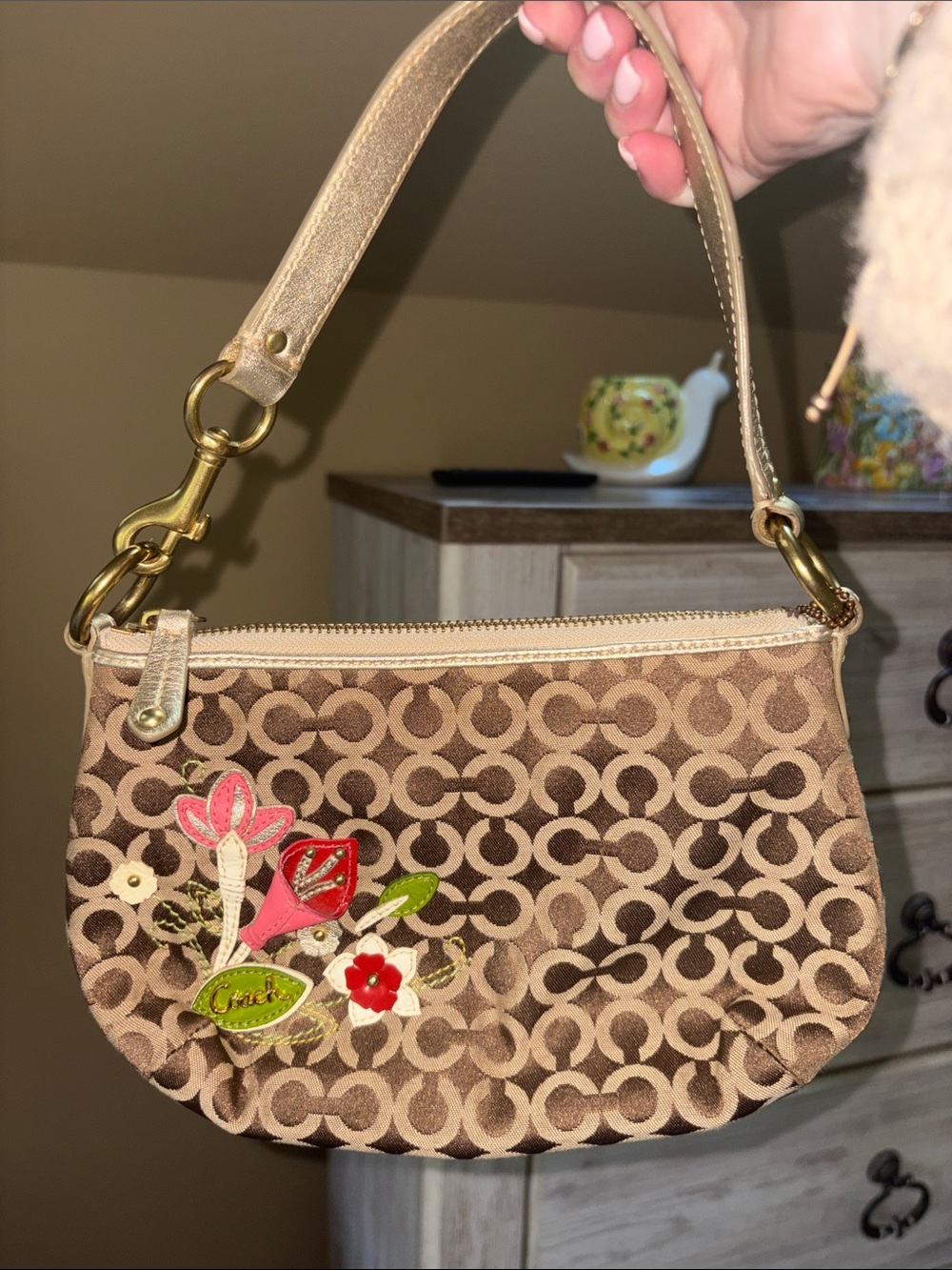 Coach Brown Signature Canvas Floral Appliqué Wristlet with Pink & Red Accents
